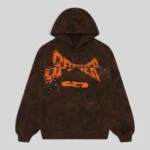 Front view of the Sp5der T&F Tree Camo Hoodie in brown featuring a signature puff print graphic design on the chest.