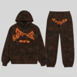 Sp5der T&F Tree Camo Tracksuit in brown with 13oz cotton fleece hoodie and matching graphic sweatpants set for men.