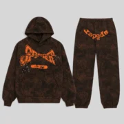 Sp5der T&F Tree Camo Tracksuit in brown with 13oz cotton fleece hoodie and matching graphic sweatpants set for men.