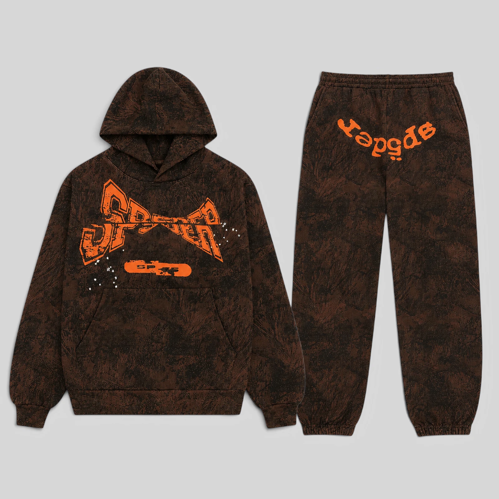 Sp5der T&F Tree Camo Tracksuit in brown with 13oz cotton fleece hoodie and matching graphic sweatpants set for men.
