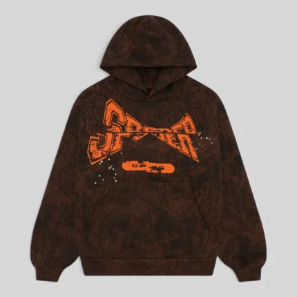Front view of the Sp5der T&F Tree Camo Hoodie in brown featuring a signature puff print graphic design on the chest.