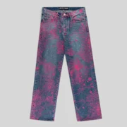 Front view of the Sp5der V2 Web Denim in Indigo featuring an iconic all-over pink spider web print on denim pants.