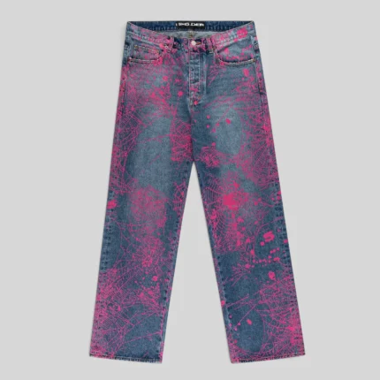 Front view of the Sp5der V2 Web Denim in Indigo featuring an iconic all-over pink spider web print on denim pants.