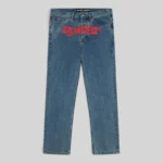 Sp5der V3 Indigo Denim Light Wash straight leg jeans with signature red logo print on the front in a front view