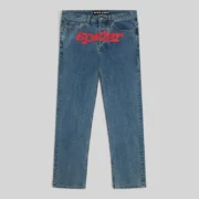 Sp5der V3 Indigo Denim Light Wash straight leg jeans with signature red logo print on the front in a front view
