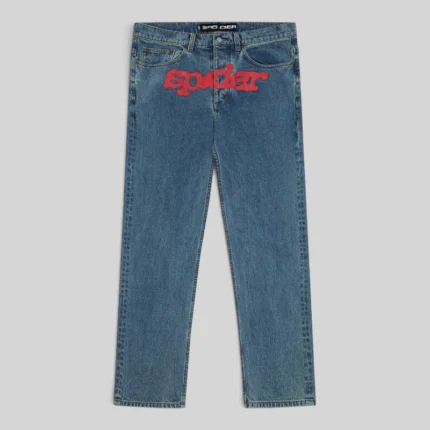 Sp5der V3 Indigo Denim Light Wash straight leg jeans with signature red logo print on the front in a front view