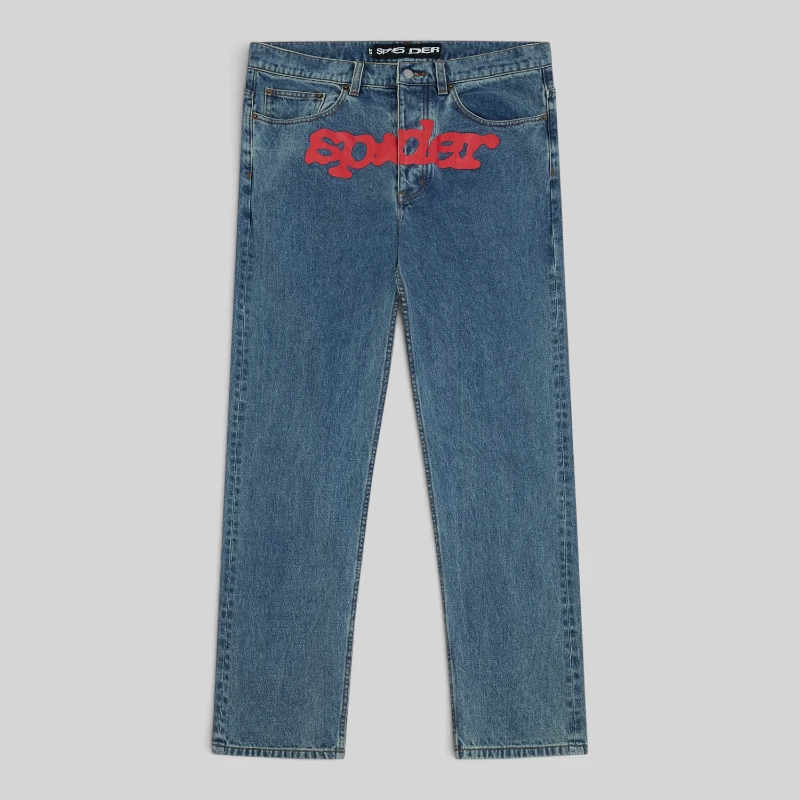 Sp5der V3 Indigo Denim Light Wash straight leg jeans with signature red logo print on the front in a front view