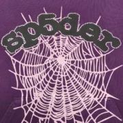 Close-up graphic detail of the Sp5der Web Hoodie in purple featuring the signature pink spider web and SP5DER logo.