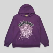 Front view of the Sp5der Purple Web Hoodie from the Archive Collection featuring signature pink web graphics.