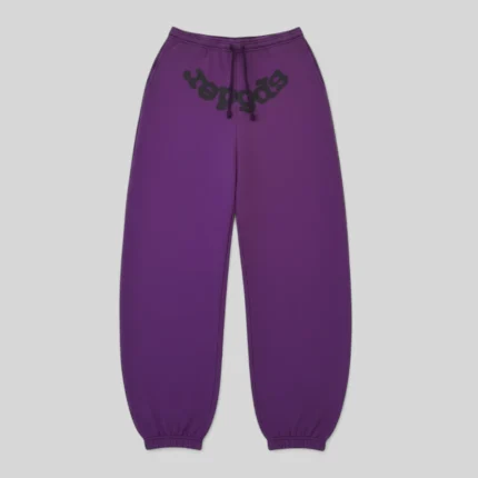Front view of the Sp5der Purple Star OG Web V2 sweatpants, featuring iconic spiderweb graphics on heavyweight cotton.