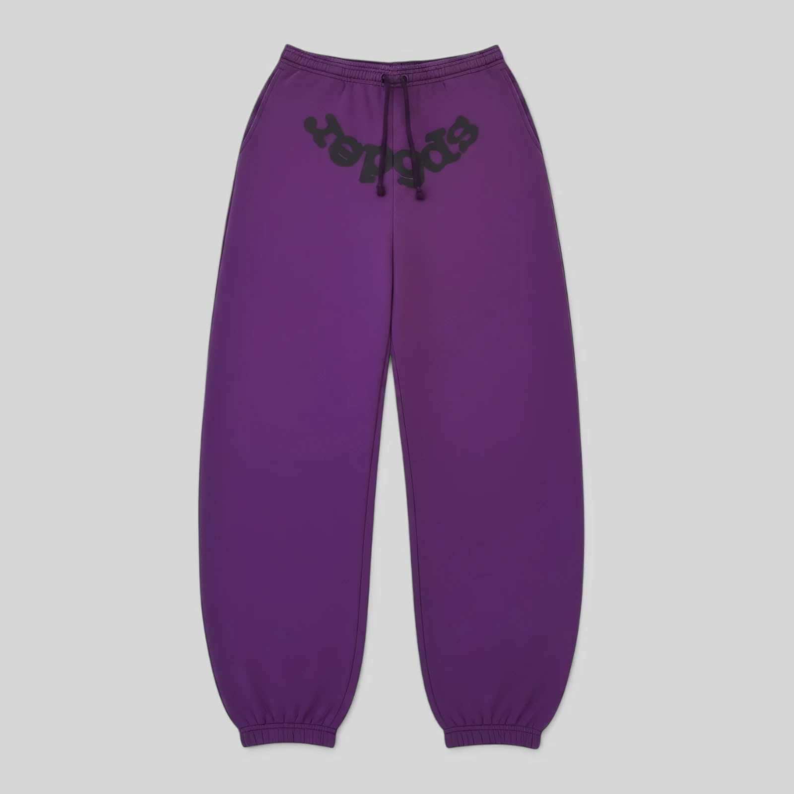 Front view of the Sp5der Purple Star OG Web V2 sweatpants, featuring iconic spiderweb graphics on heavyweight cotton.