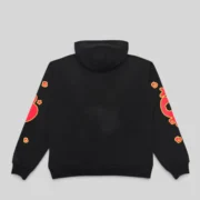 Back view of the Sp5der x UY Scuti black hoodie featuring red graphic details on both sleeves, from the FW25 collection.