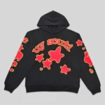 Front view of the Sp5der x UY Scuti hoodie in black and red, featuring graphic star prints and streetwear design.