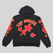Front view of the Sp5der x UY Scuti hoodie in black and red, featuring graphic star prints and streetwear design.