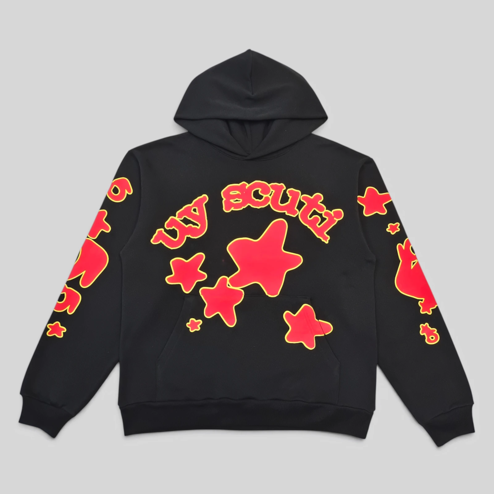 Sp5der x UY SCUTI Hoodie Black Red Front View Front view of the Sp5der x UY Scuti hoodie in black and red, featuring graphic star prints and streetwear design.